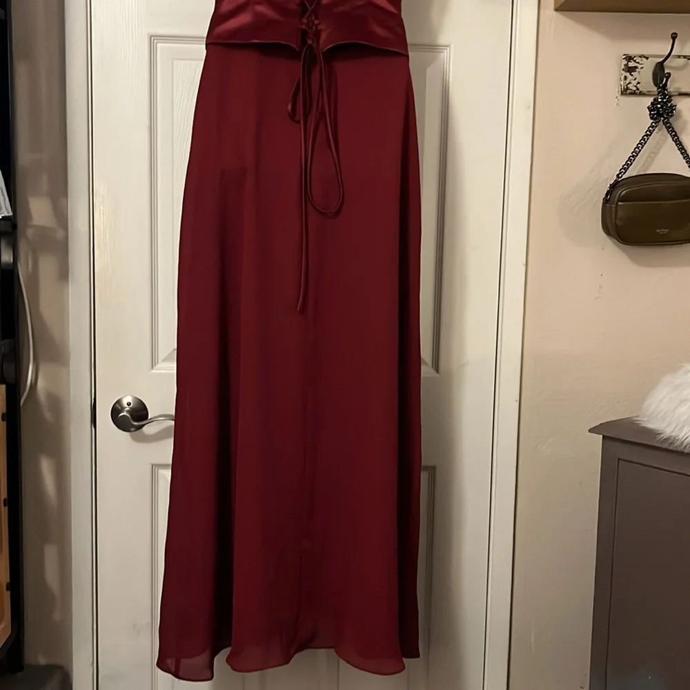 Rebecca Women’s Burgundy Merlot Dark Red Beaded Satin Sheer Formal Prom Gown L
